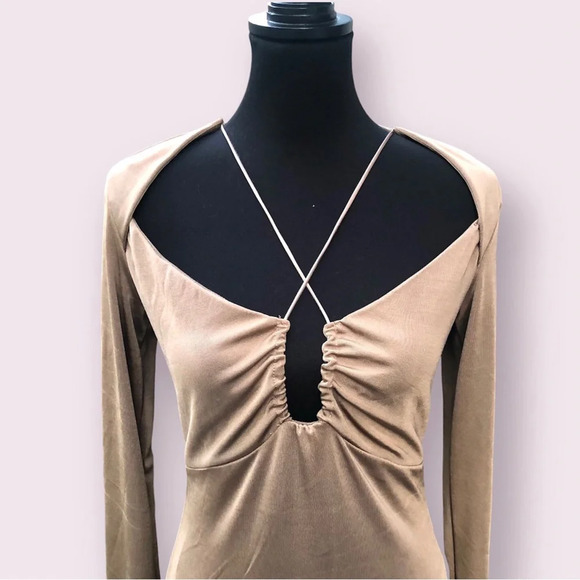 Jason Wu Engracia Long Sleeve Backless Plunge Midi Dress Tan Size Medium Sexy - Picture 2 of 14